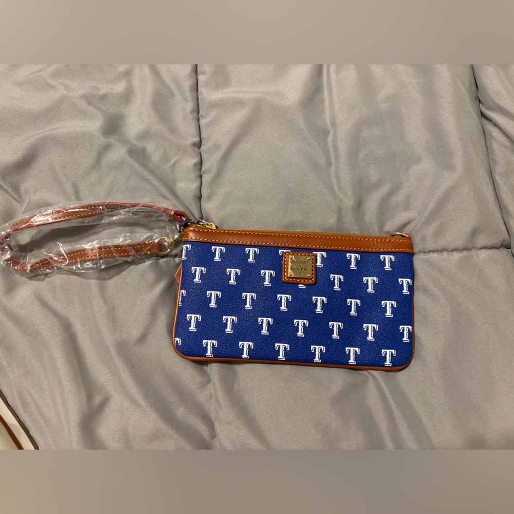 Dooney & Bourke Blue and Tan Wristlet with MLB Rangers Logo